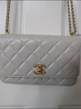CHANEL Quilted Crossbody Bag in Light Gray with Gold Hardware